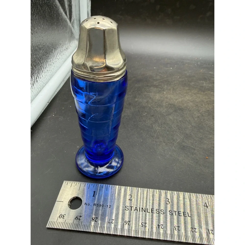 Vintage Cobalt Blue Glass Creamer Sugar Set Salt Pepper Shakers Art Deco Ribbed